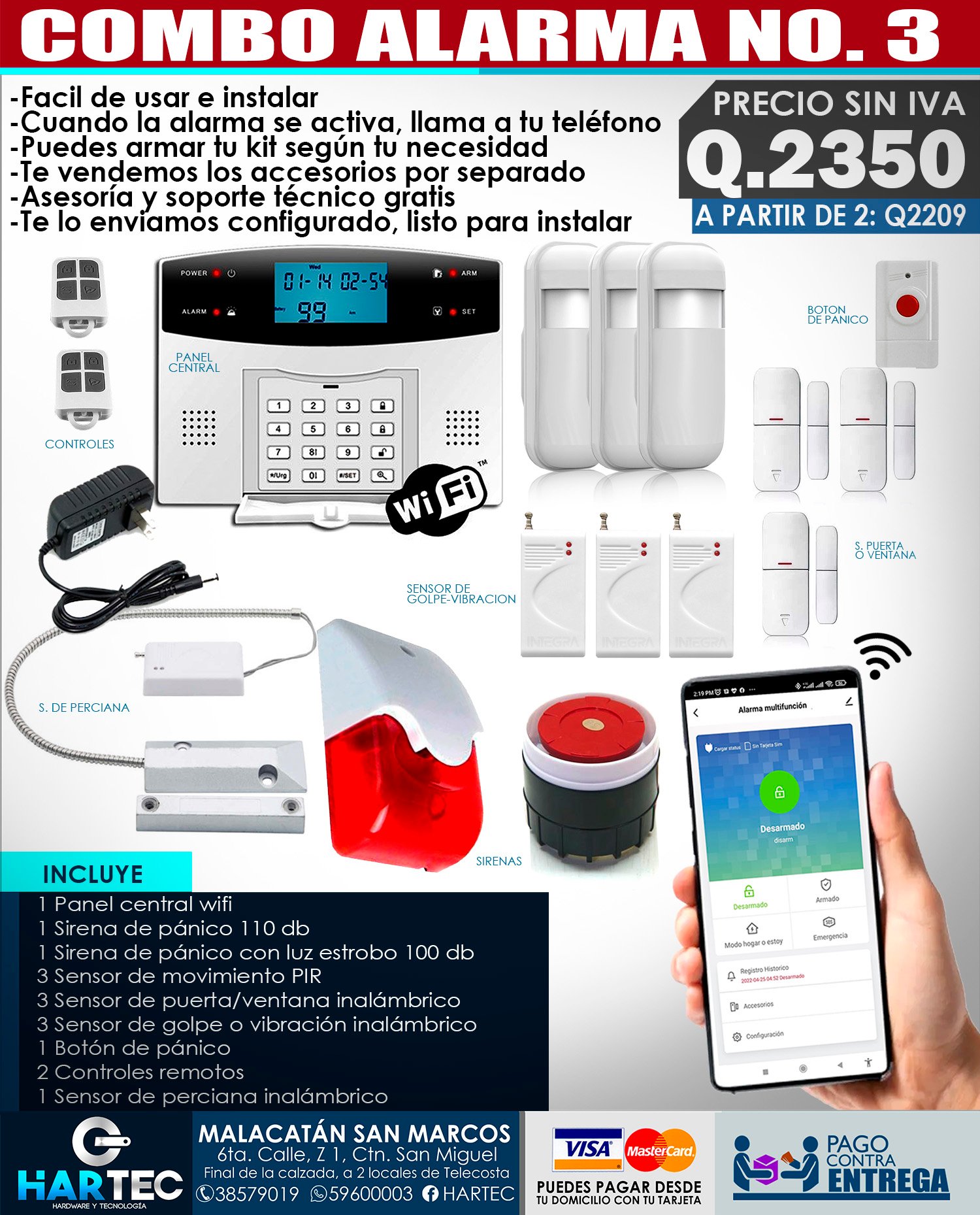 Kit Alarma Hogar + 2 Sensores+ Controles+ Sirena+ Batería