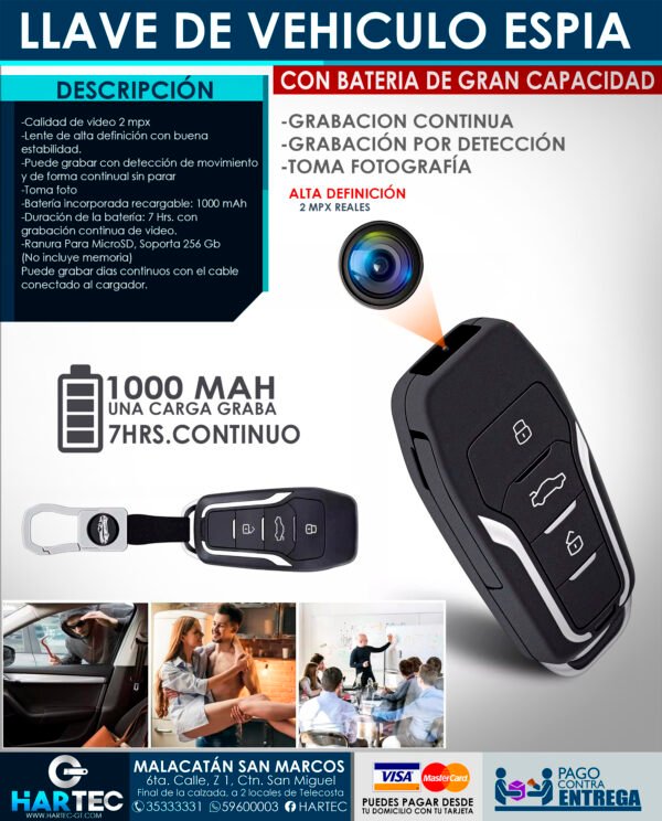 LLAVE DE VEHICULO ESPIA DE GRAN CAPACIDAD 7HRS. DE GRABACION
