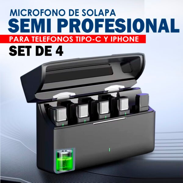 MICROFONO CON ESTUCHE DE CARGA 100 MT. PARA TELEFONOS TIPO-C Y IPHONE