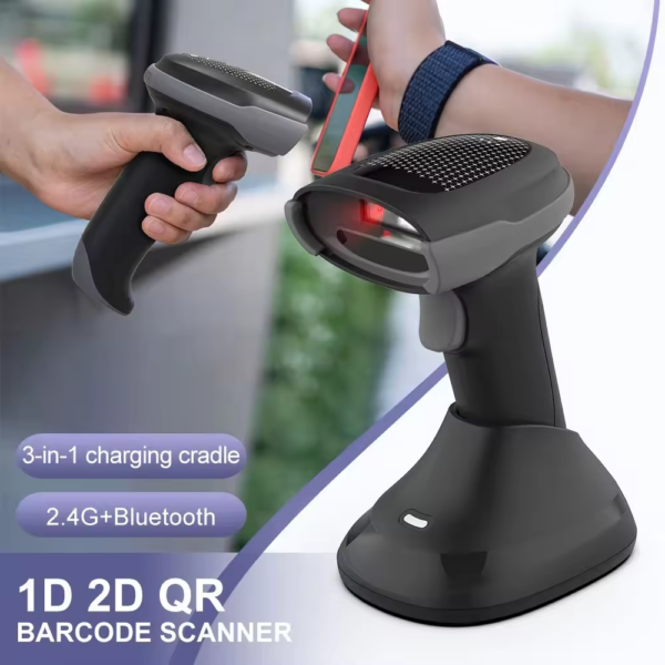 LECTOR INALAMBRICO CON BASE 2.4G + BLUETOOTH, 1D,2D Y QR