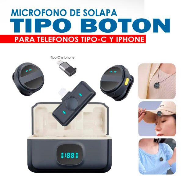 MICROFONO TIPO BOTON CON ESTUCHE DE CARGA, SET DE 2, PARA TELEFONO TIPO-C Y IPHONE