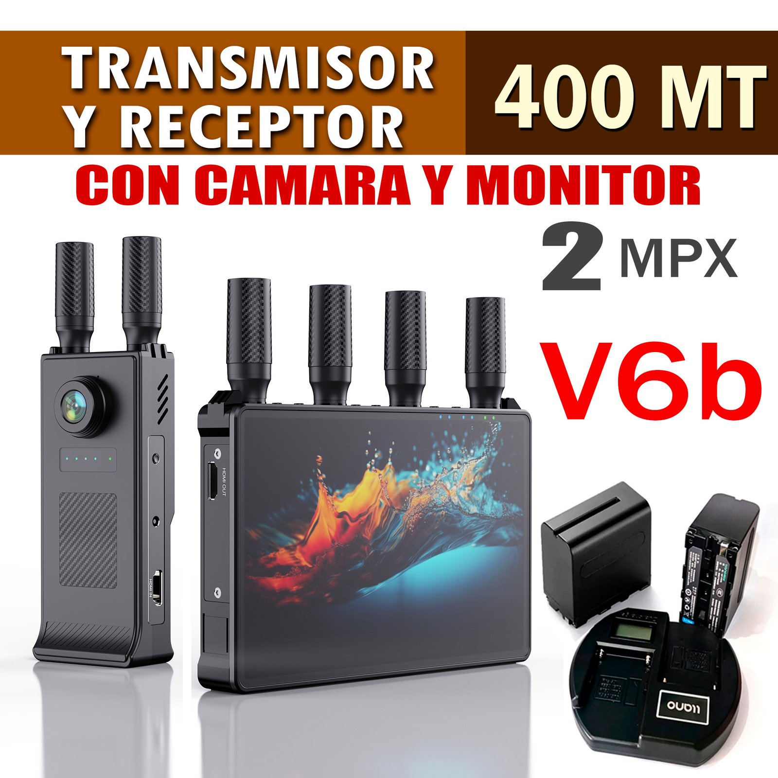 TRANSMISOR Y RECEPTOR HDMI INALÁMBRICO CON PANTALLA RGB 7′, DE 400M + CÁMARA, 1080P FULL HD -V6b