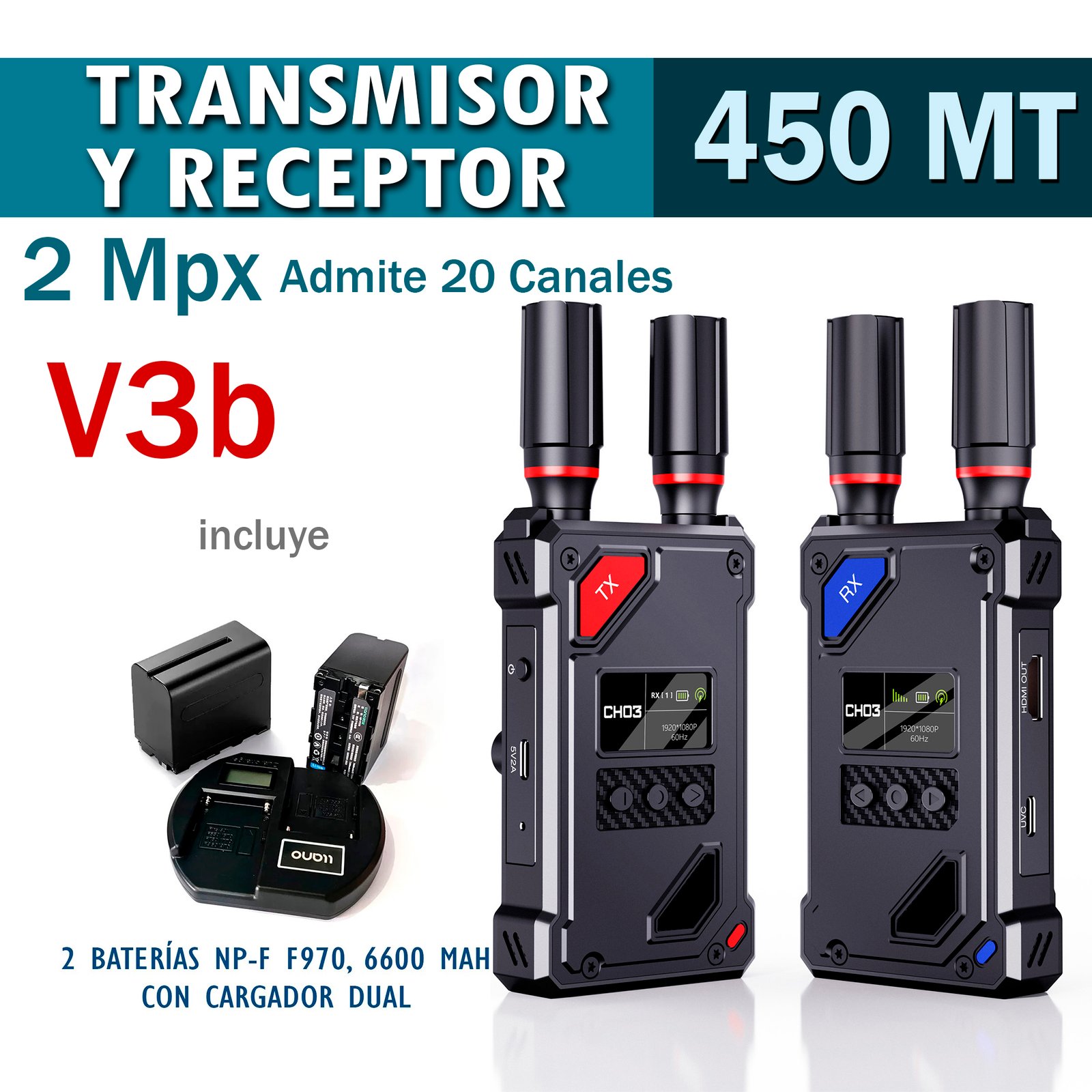 TRANSMISOR Y RECEPTOR HDMI INALÁMBRICO, 450Mt, 1080P, 20 CANALES. V3b