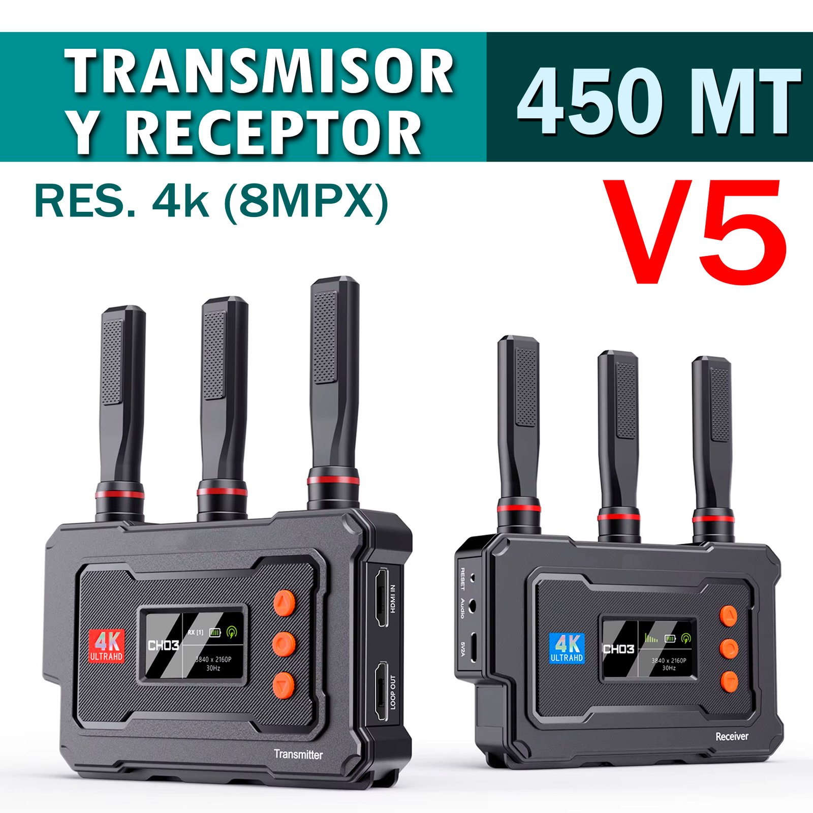 TRANSMISOR Y RECEPTOR HDMI INALÁMBRICO, SALIDA DUAL, 4K, 450MT/1500FT /MULTICANAL -V5