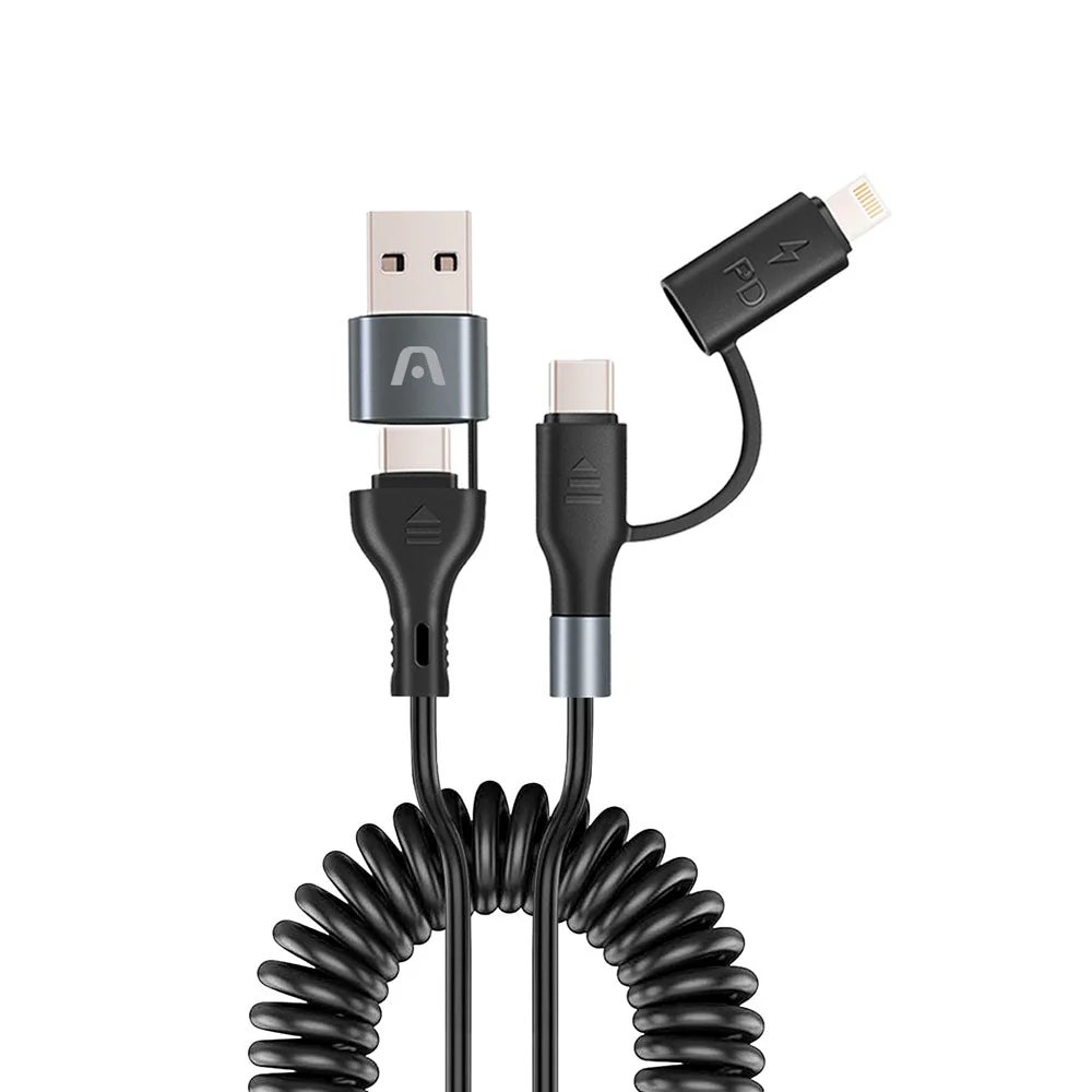 CABLE PARA TELEFONO ENROSCADO 4 EN 1 60W USB-A TIPO-C A TIPO-C+LIGHTNING ARGOM - Imagen 3