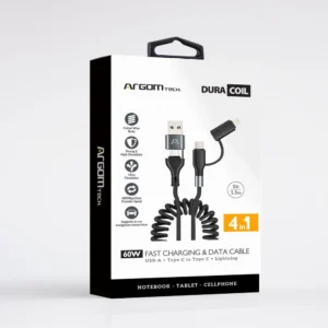 CABLE PARA TELEFONO ENROSCADO 4 EN 1 60W USB-A TIPO-C A TIPO-C+LIGHTNING ARGOM
