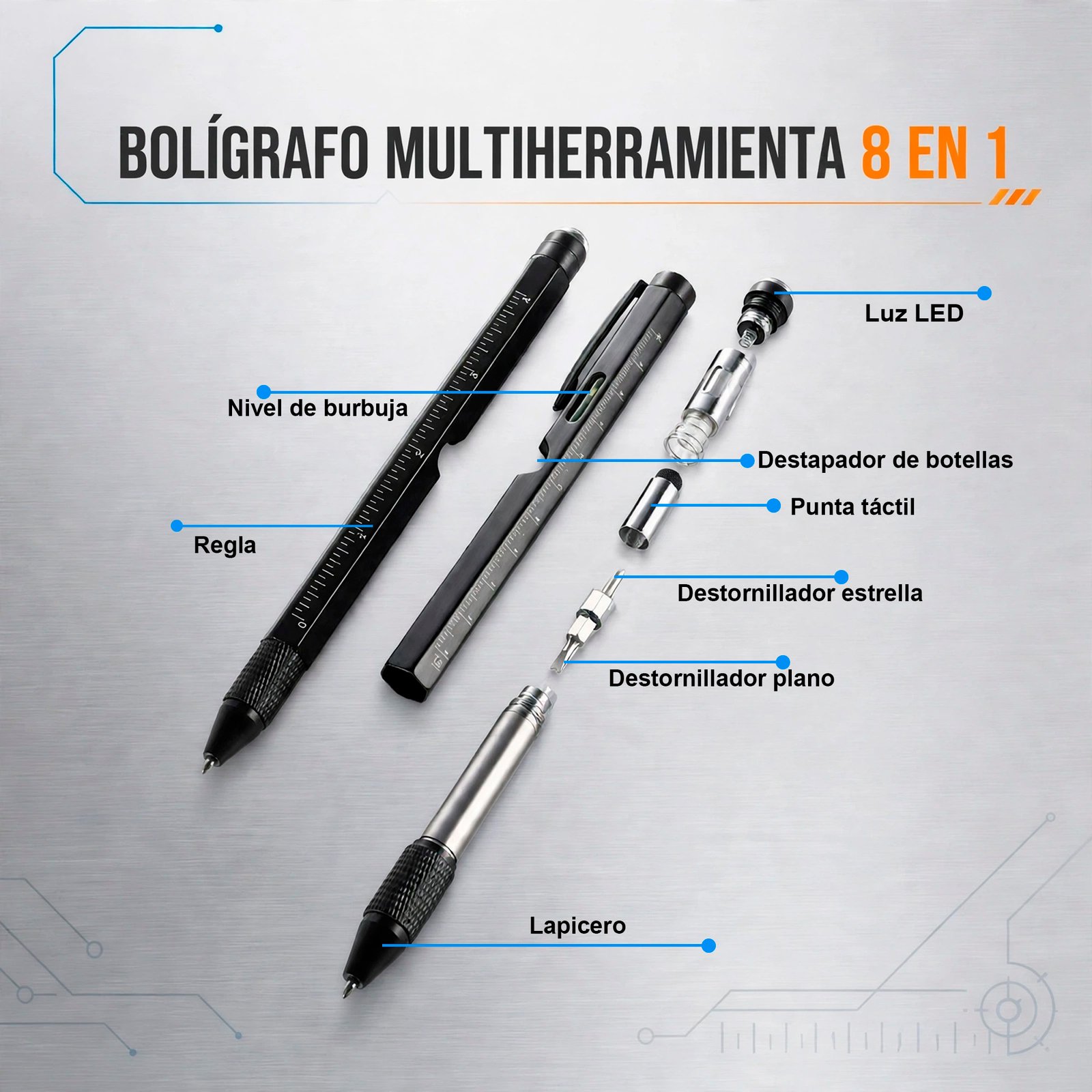 BOLIGRAFO MULTIHERRAMIENTA 8 EN 1, DE ALTA CALIDAD - Imagen 2