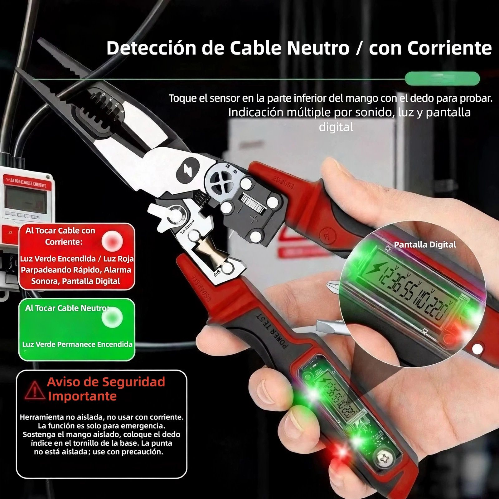 ALICATE MULTIFUNCIONAL DE ACERO AL CARBONO CON PROBADOR DE VOLTAJE